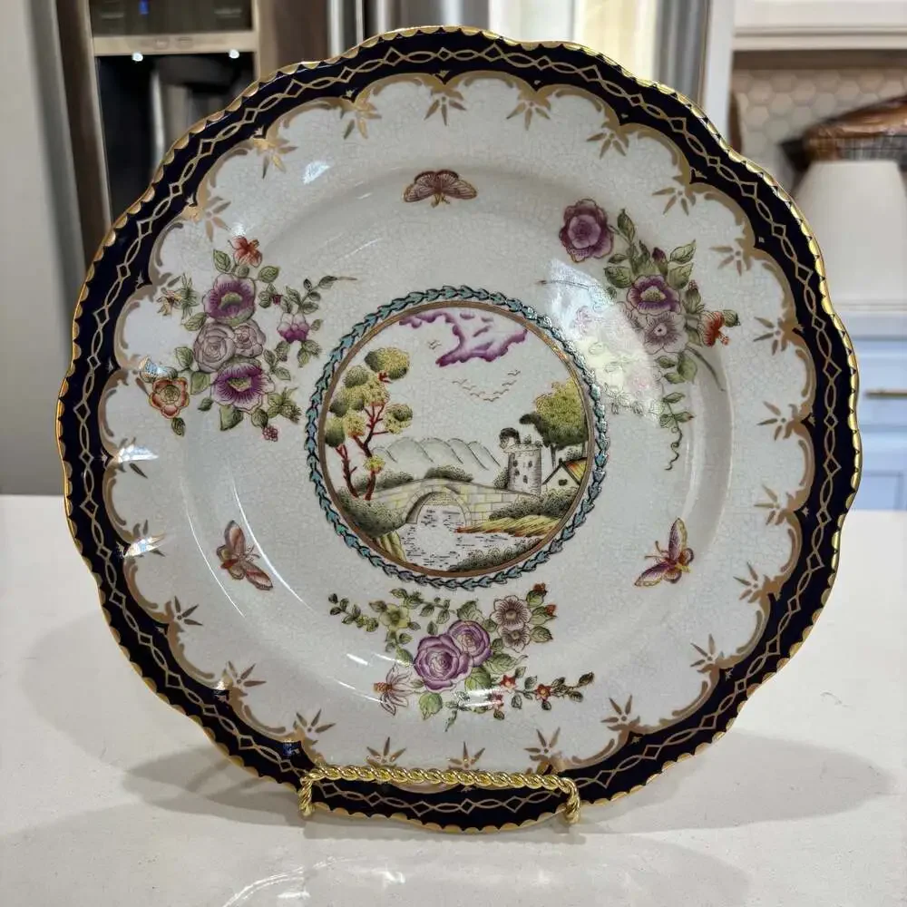 Hua Ping Tang Zhi Decorative Scalloped Porcelain Plate Hand Painted Landscape Fl